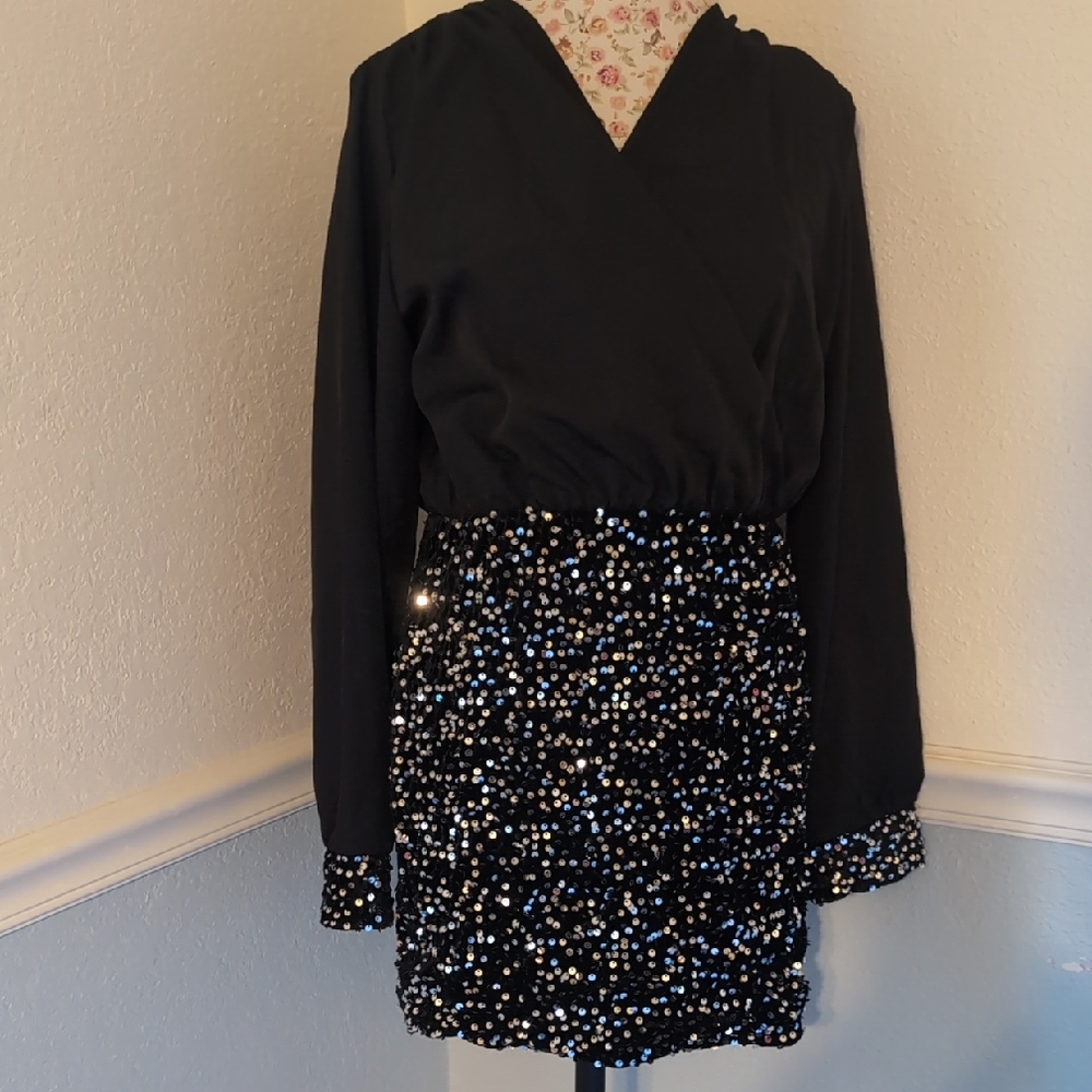 Black Sequin Dress with Long Sleeves